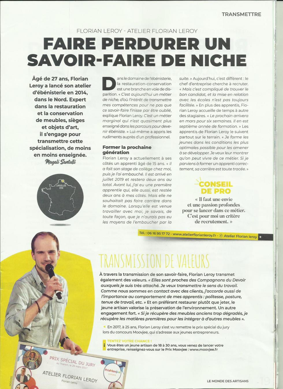 Publication dans le journal national “Le Monde des Artisans” Fev 2020