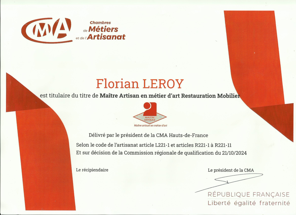 Reçu Maitre Artisan Ebeniste en conservation de mobilier